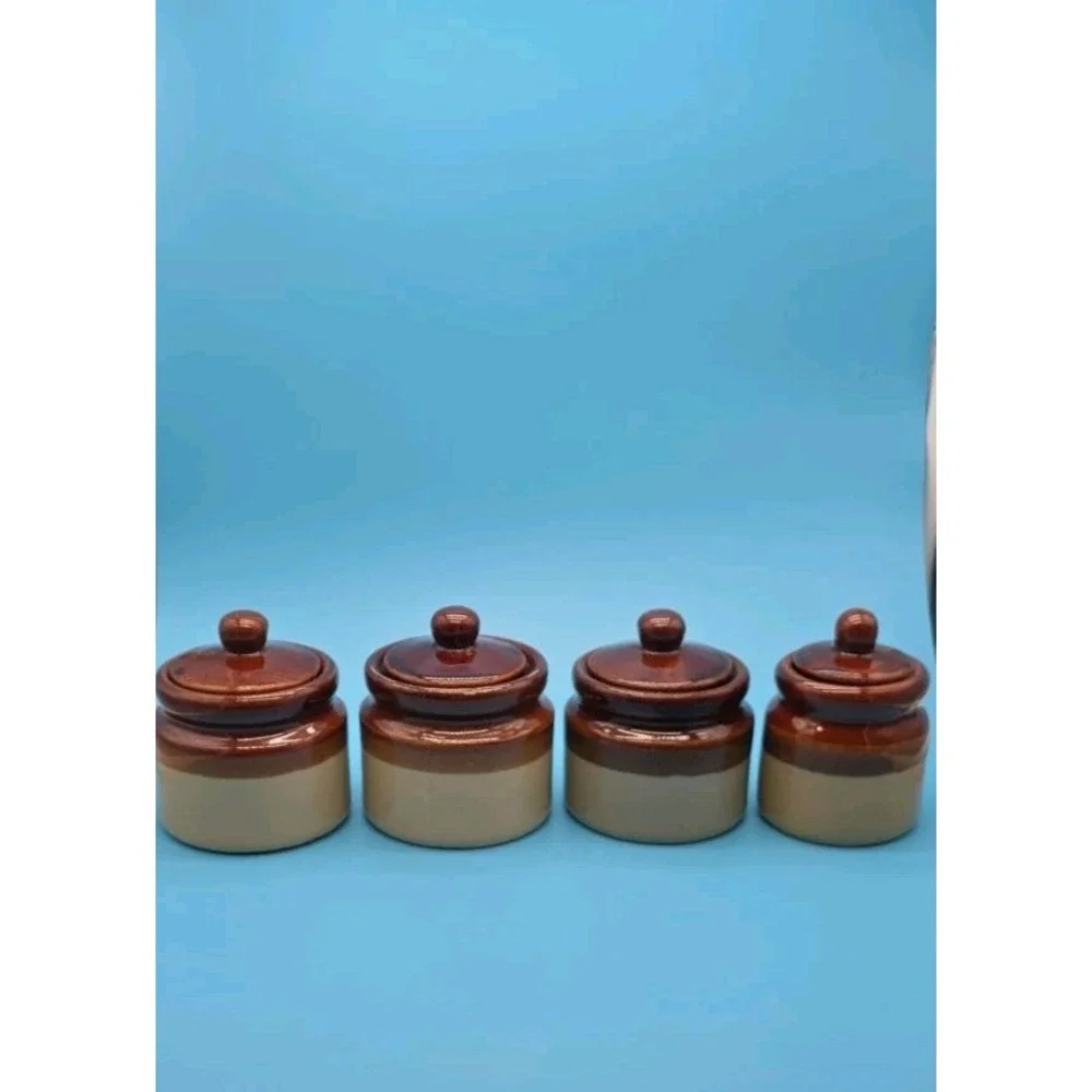 4 Brown & Tan Stoneware Crocks 3 Tone Jars with Lids 2.75